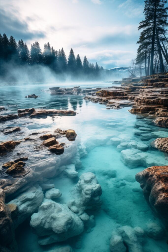 Eine unberührte, dampfende Felsenquelle mit kristallklarem, türkisfarbenem Wasser, umgeben von Nadelbäumen in einer ruhigen Landschaft.