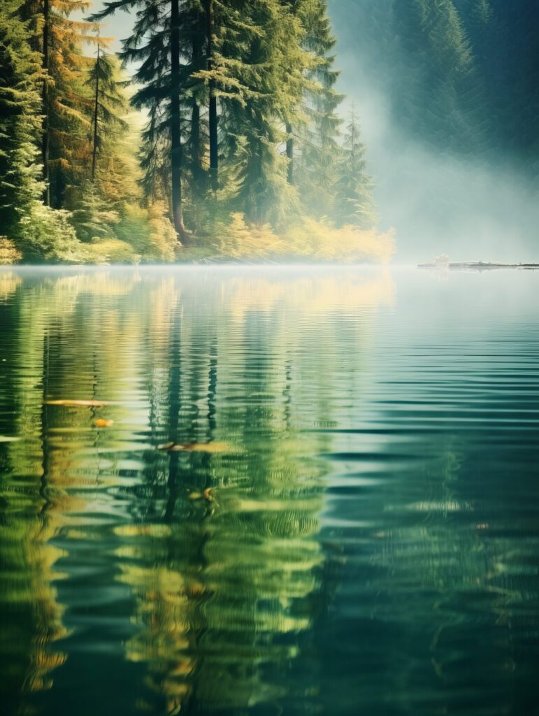 Ein klarer Waldsee, in dem sich die Nadelbäume des Ufers spiegeln, während leichter Nebel über der Wasseroberfläche aufsteigt.