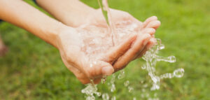Frisches, klares Wasser fließt in gewölbte Hände vor einem unscharfen, grünen Hintergrund, der an eine Wiese erinnert.