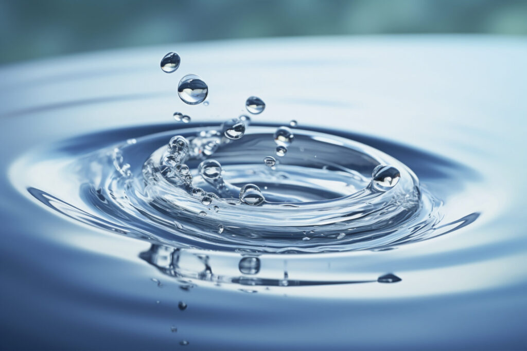 Makroaufnahme eines Wassertropfens, der auf eine ruhige Wasseroberfläche trifft und klare, kreisförmige Wellen erzeugt.