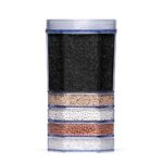 Eine transparente Wasserfilter-Kartusche im Querschnitt, die fünf verschiedene Schichten von Filtermedien wie Aktivkohle und Mineralien zeigt.