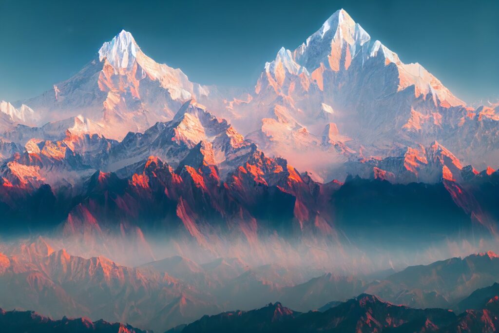 Eine majestätische Bergkette mit schneebedeckten Gipfeln, von der aufgehenden Sonne in warmes Licht getaucht.
