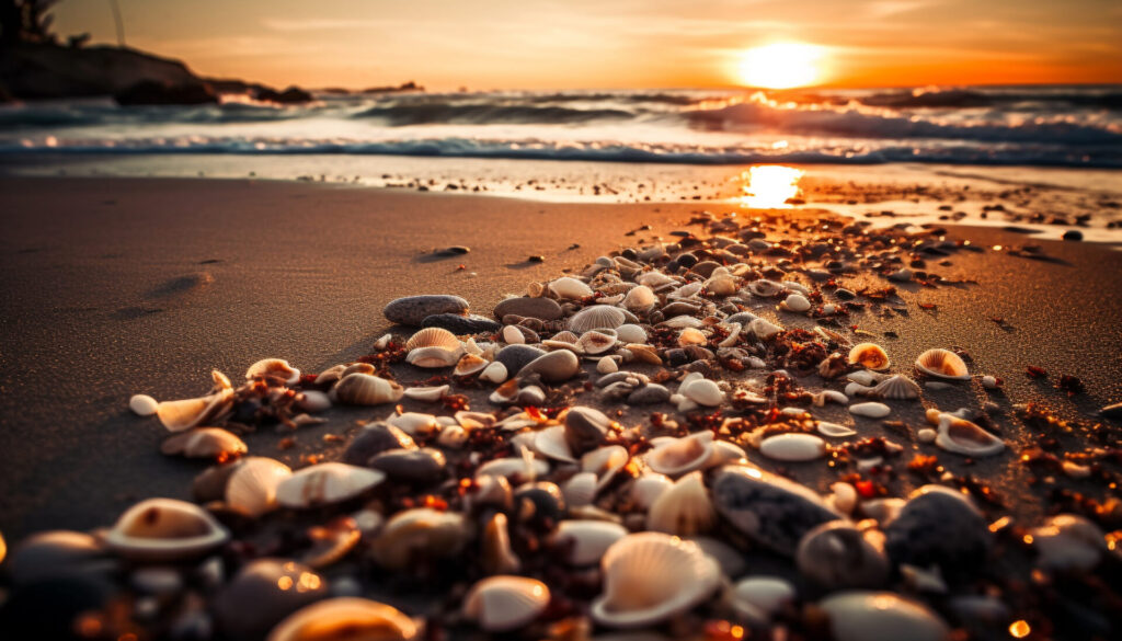 Muscheln und Kieselsteine am Sandstrand bei Sonnenuntergang am Meer.
