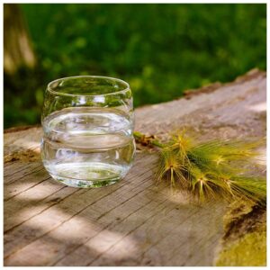 Formschönes Trinkglas gefüllt mit klarem Wasser, auf einer rustikalen Holzoberfläche in einem grünen Garten.