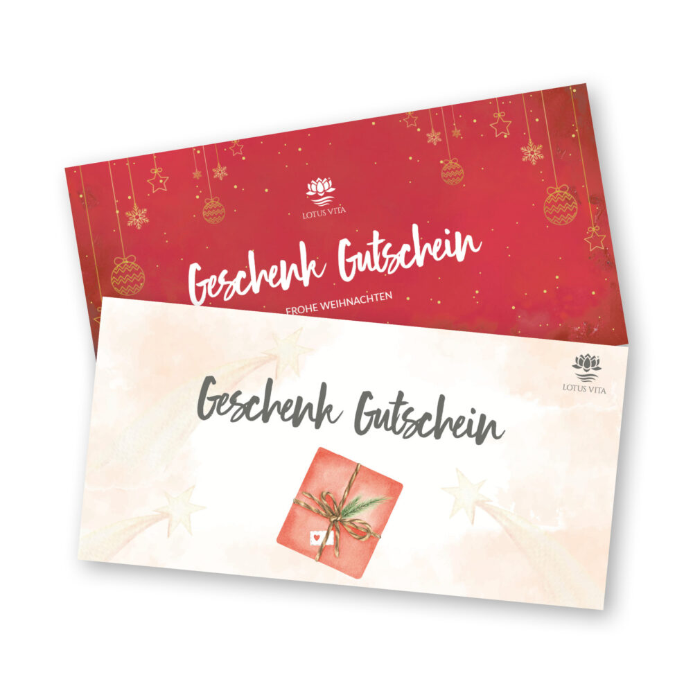 Zwei Geschenkgutscheine von Lotus Vita, einer in festlichem Weihnachtsdesign und der andere mit einer Geschenk-Illustration.