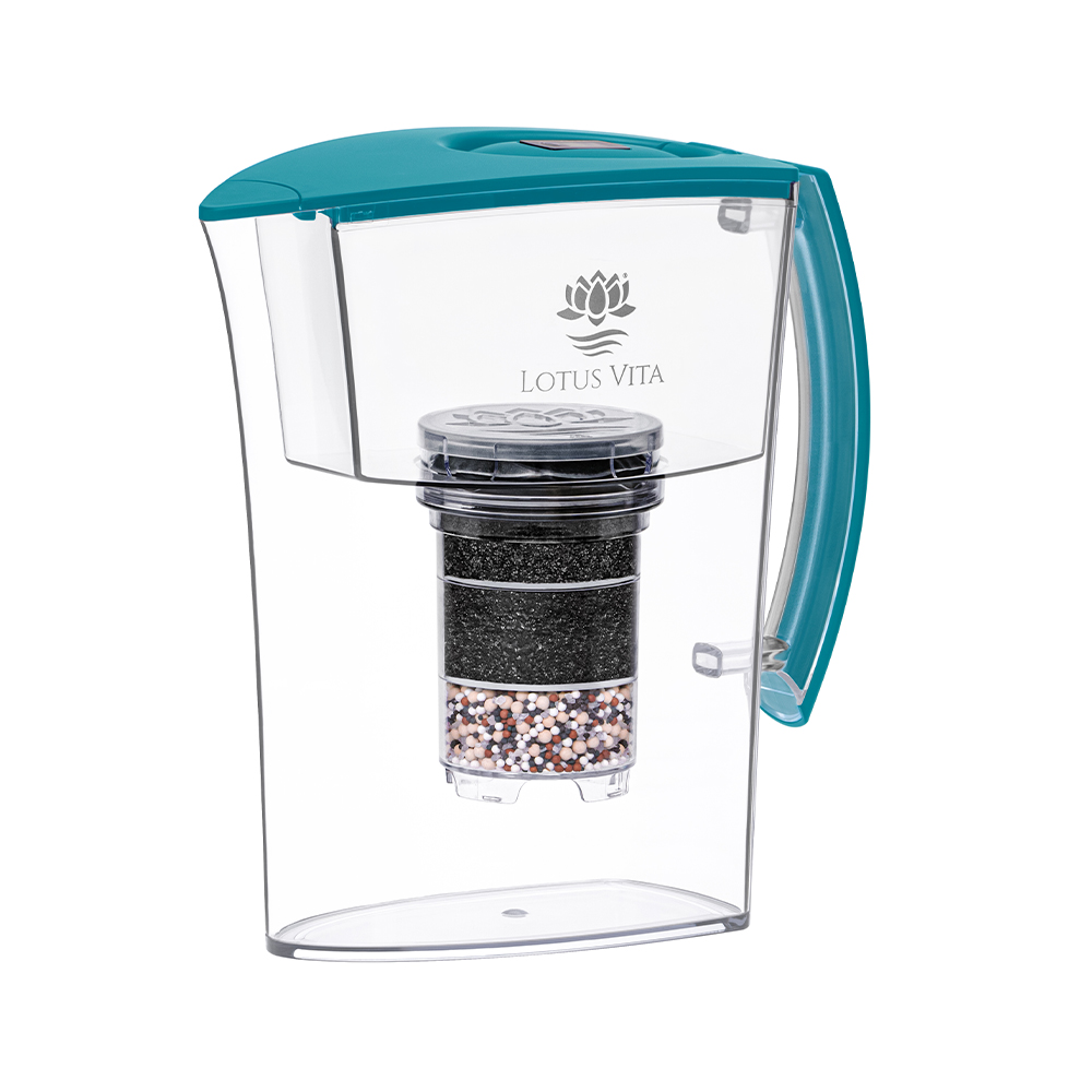 Eine transparente Wasserfilterkanne mit einem aquamarinblauen Deckel und Griff, die den mehrschichtigen Filter im Inneren zeigt.